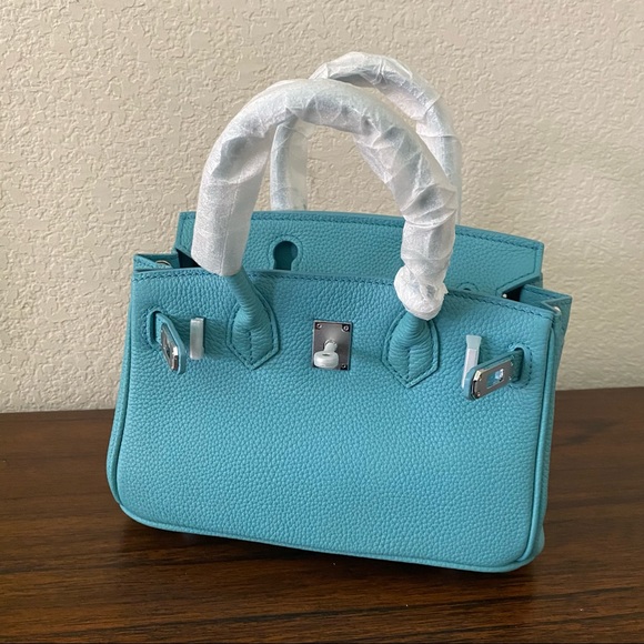 Turquoise Mini 20 Pebble Leather Lock Key Belted Satchel Bag Crossbody S14/B1 - Picture 6 of 13
